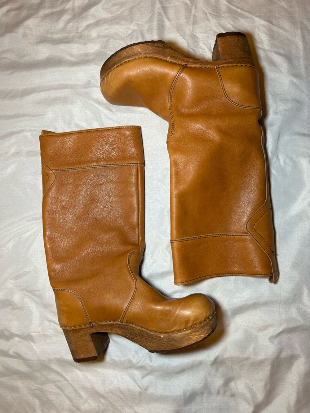 Sanita Cognac Clog Boots with Plaid Lining & Fold-Over Cuffs